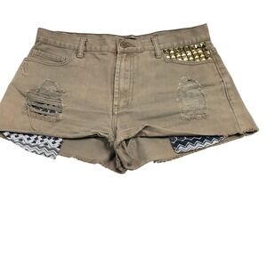 Forever 21 Womens Distressed Studded Denim Shorts Size 31 Tan Khaki Brown